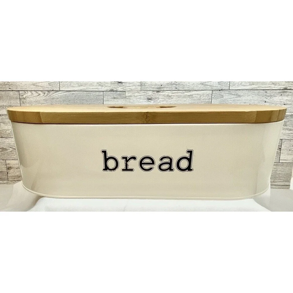 SveBake Bread Box Metal With Bamboo Top Cutting Board Lid